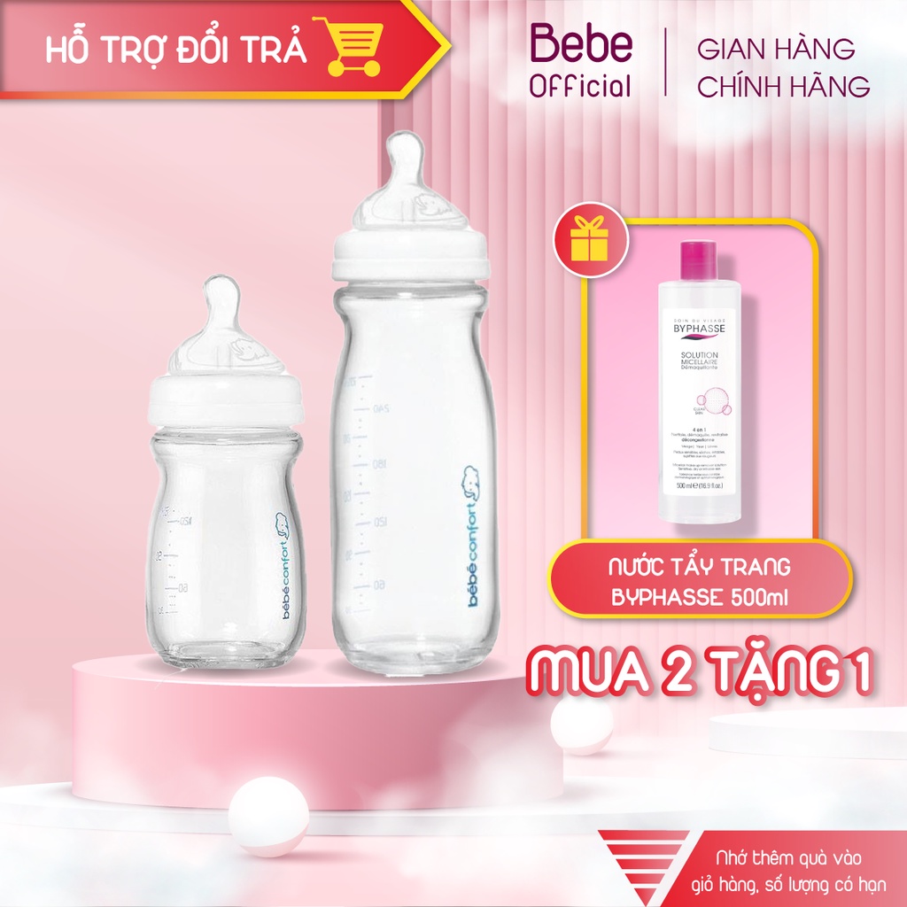 Bình sữa thủy tinh cổ rộng cho bé Bebeconfort made in Pháp chống trầy xước 130ml & 270ml