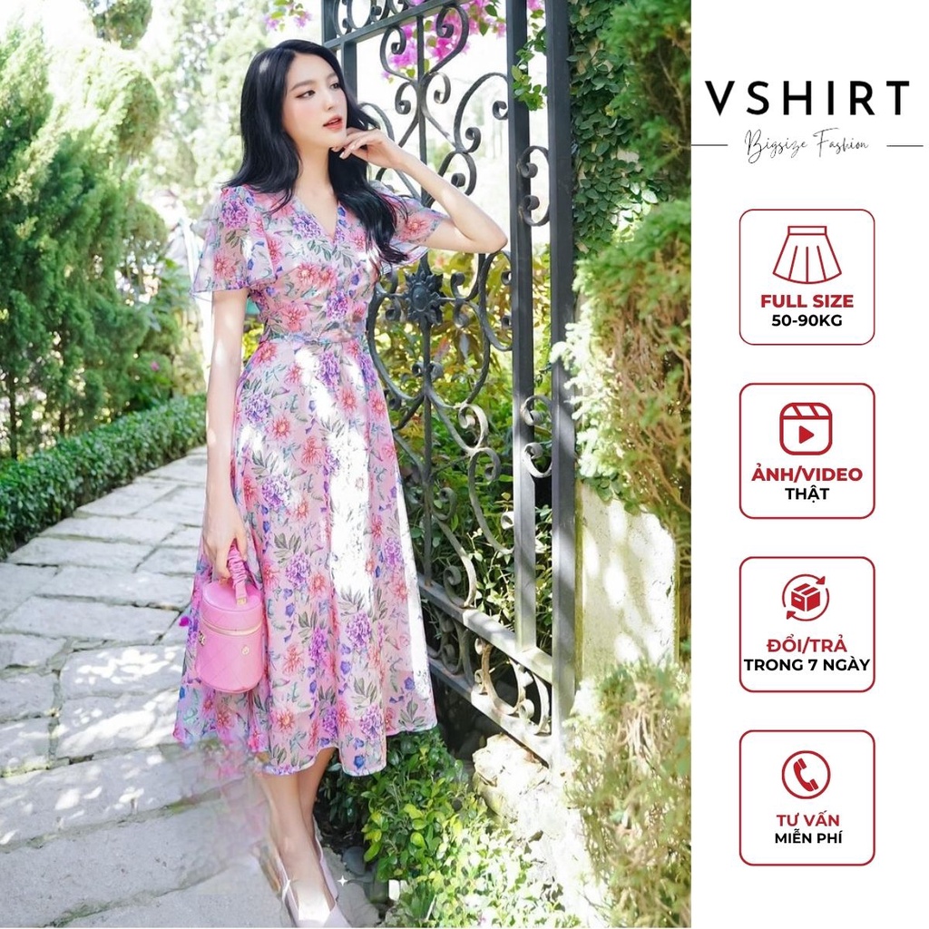 Váy Hoa Tím Hồng Cổ V VSHIRT Bigsize Chất Liệu Von Tơ Ánh