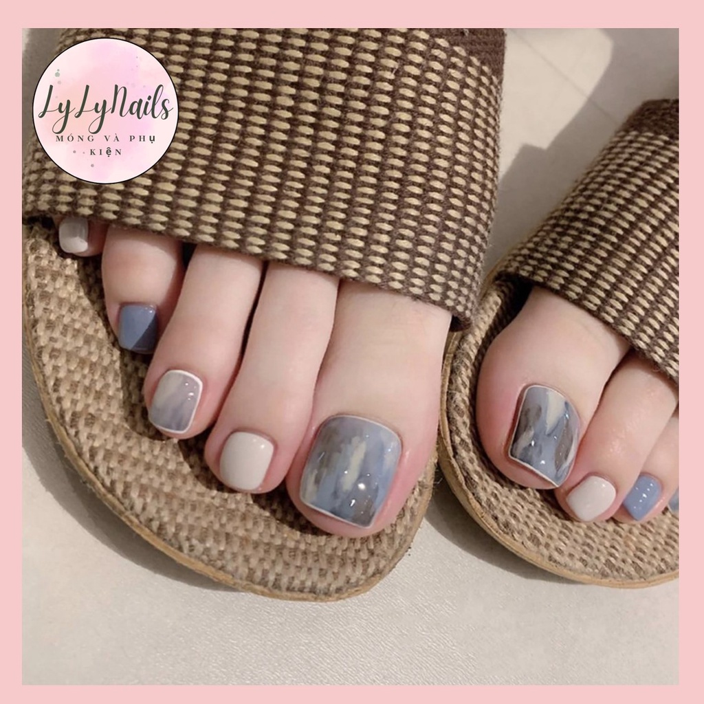 Set 24 móng chân giả, móng up, họa tiết vân mây xanh J141 kèm keo