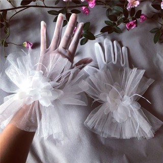Găng tay hoa voan lông đà điểu bao tay cô dâu xoè
