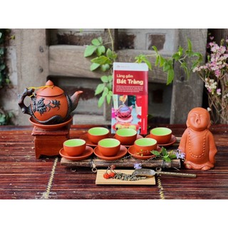 Ấm chén tử sa Bát Tràng hoa sen đắp nổi màu đỏ