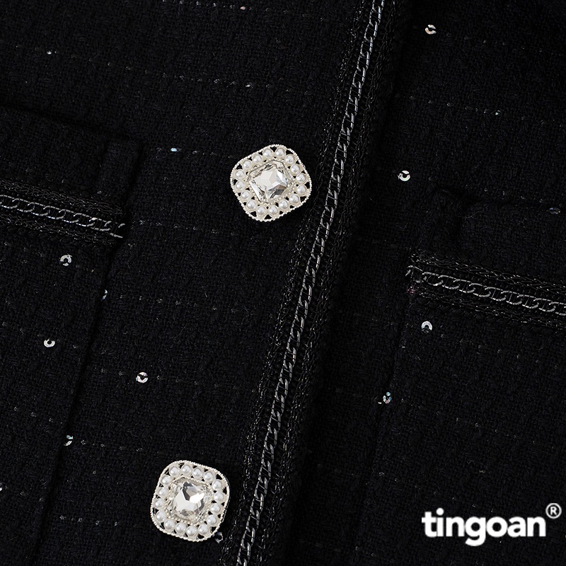 TINGOAN® - Áo khoác tweed đen cổ bẻ bện xích viền áo CRYSTAL LADY JACKET/BL