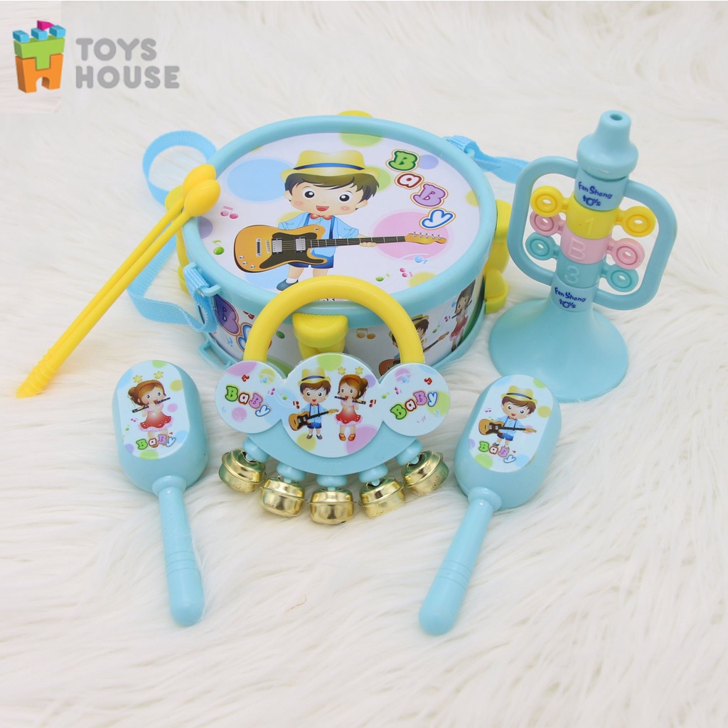 Bộ đồ chơi xúc xắc 4 món-dụng cụ âm nhạc: Xúc xắc, lục lạc, kèn, trống Toyshouse dành cho bé từ sơ sinh 733A