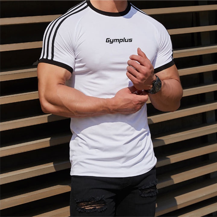 Áo thể thao nam Gymplus phối viền tay,áo thun tập gym dành cho nam ôm body co giãn thấm hút mồ hôi