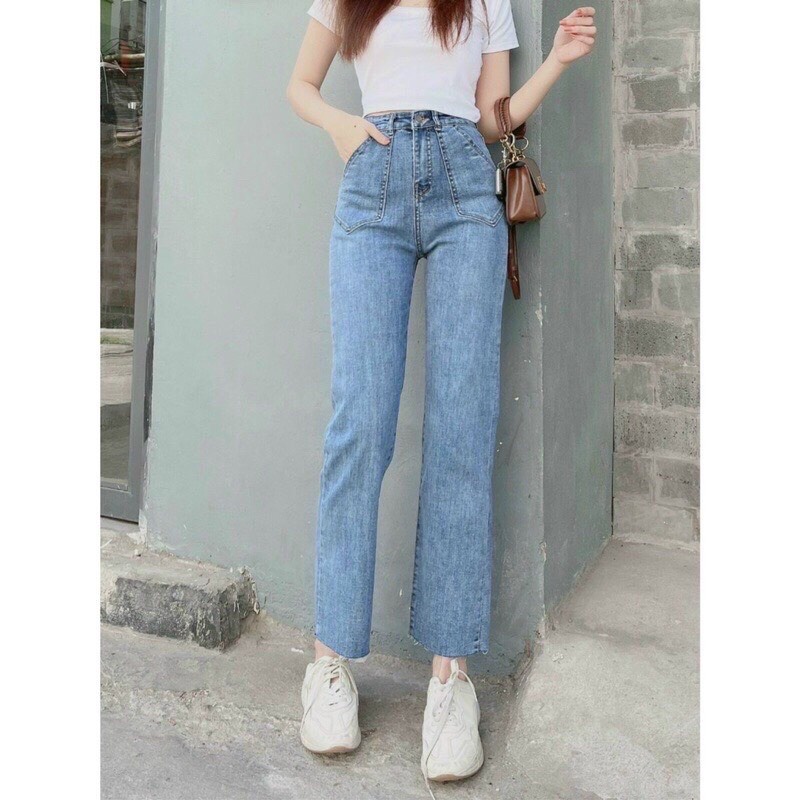 Quần bò jean nữ ống đứng jeans cạp cao co giãn rộng suông loe phong cách style | BigBuy360 - bigbuy360.vn