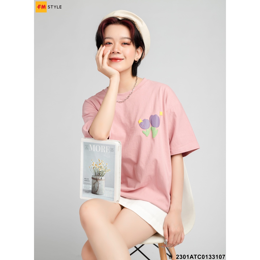 Áo thun nữ FM STYLE form rộng đẹp tay lỡ kiểu hàn quốc chất vải cotton mềm mịn hình in bông hoa dễ thương 23011053