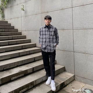 Sơ mi Flannel dài tay nam nữ basic phong cách Hàn Quốc