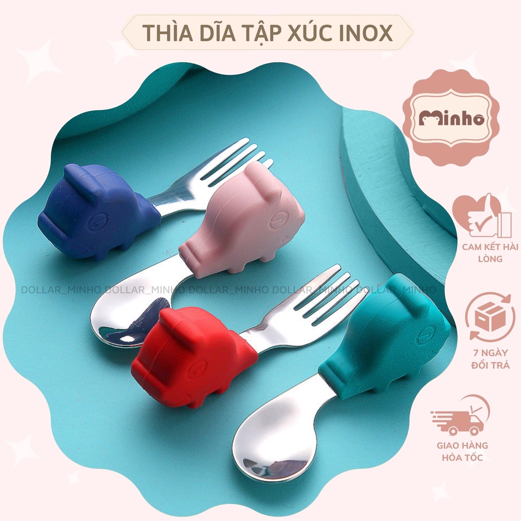 Thìa dĩa tập xúc cho bé tập ăn chất liệu inox cao cấp hình hà mã, chú bò xinh xắn