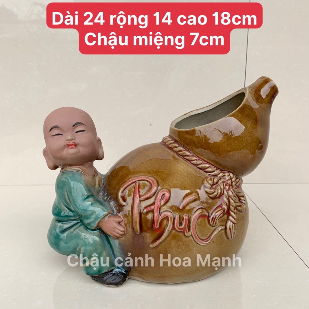 Chậu tượng chú tiểu ôm hồ lô men xanh ngọc SP528