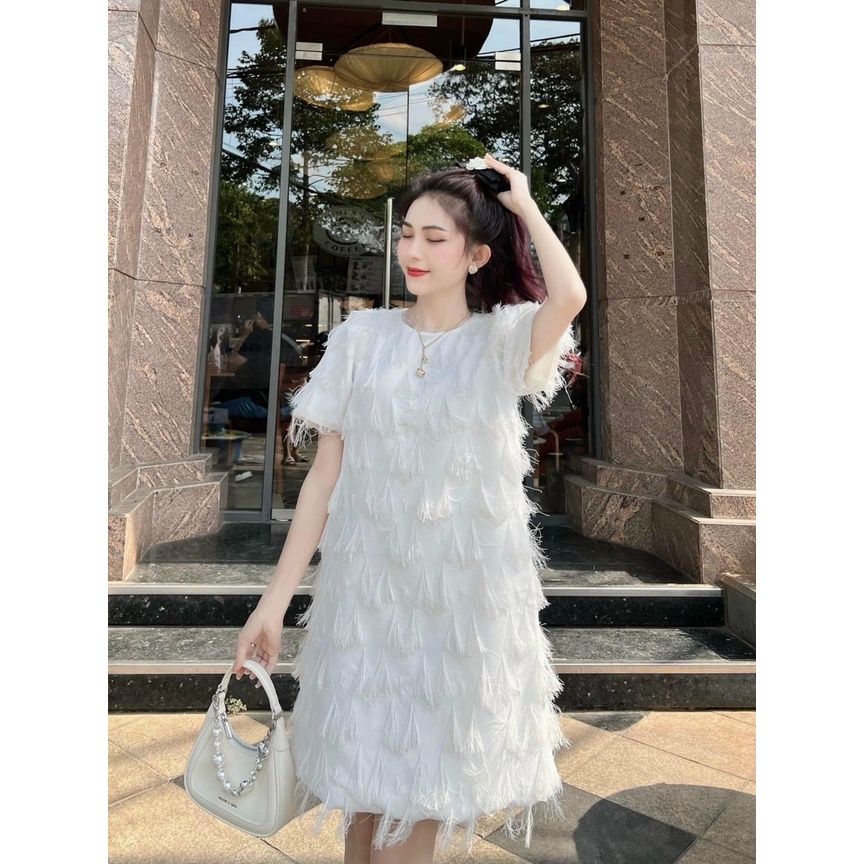 Váy babydoll trắng tinh khôi phối lông vũ cổ tròn dự tiệc, đi chơi siêu hot