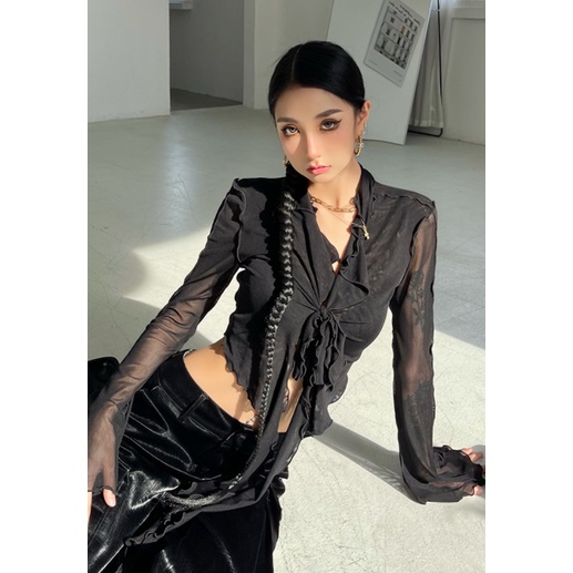 Cocory vn Áo Croptop Tay Dài Phối Ren Lưới Thời Trang Quyến Rũ Cho Nữ
