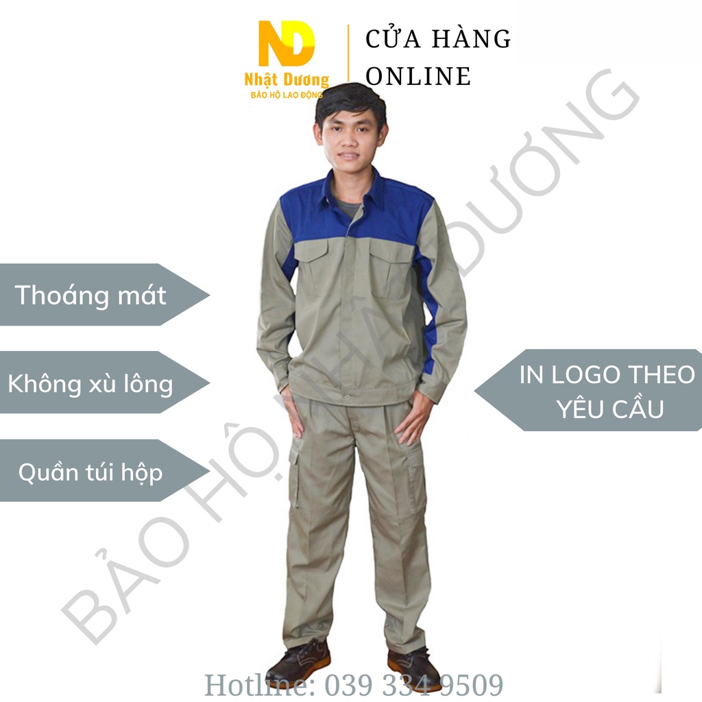 Quần áo lao động túi hộp vải kaki màu ghi phối xanh TB14 Đồng phục bảo hộ ngành cơ khí, xây dựng, hàn xì