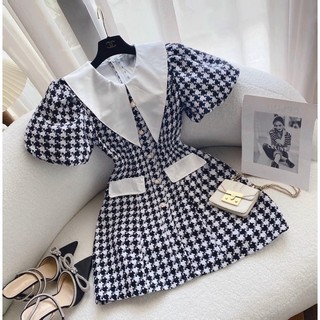 ĐẦM DẠ CARO XÁM PHỐI CỔ TRẮNG🍂
