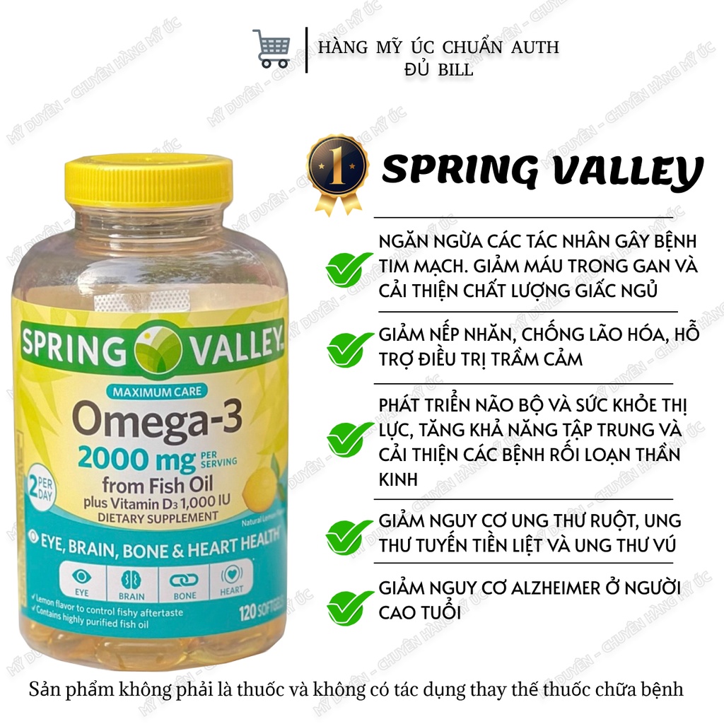 Viên uống dầu cá Omega 3 Spring valley 2000mg plus vitamin D3 120 viên