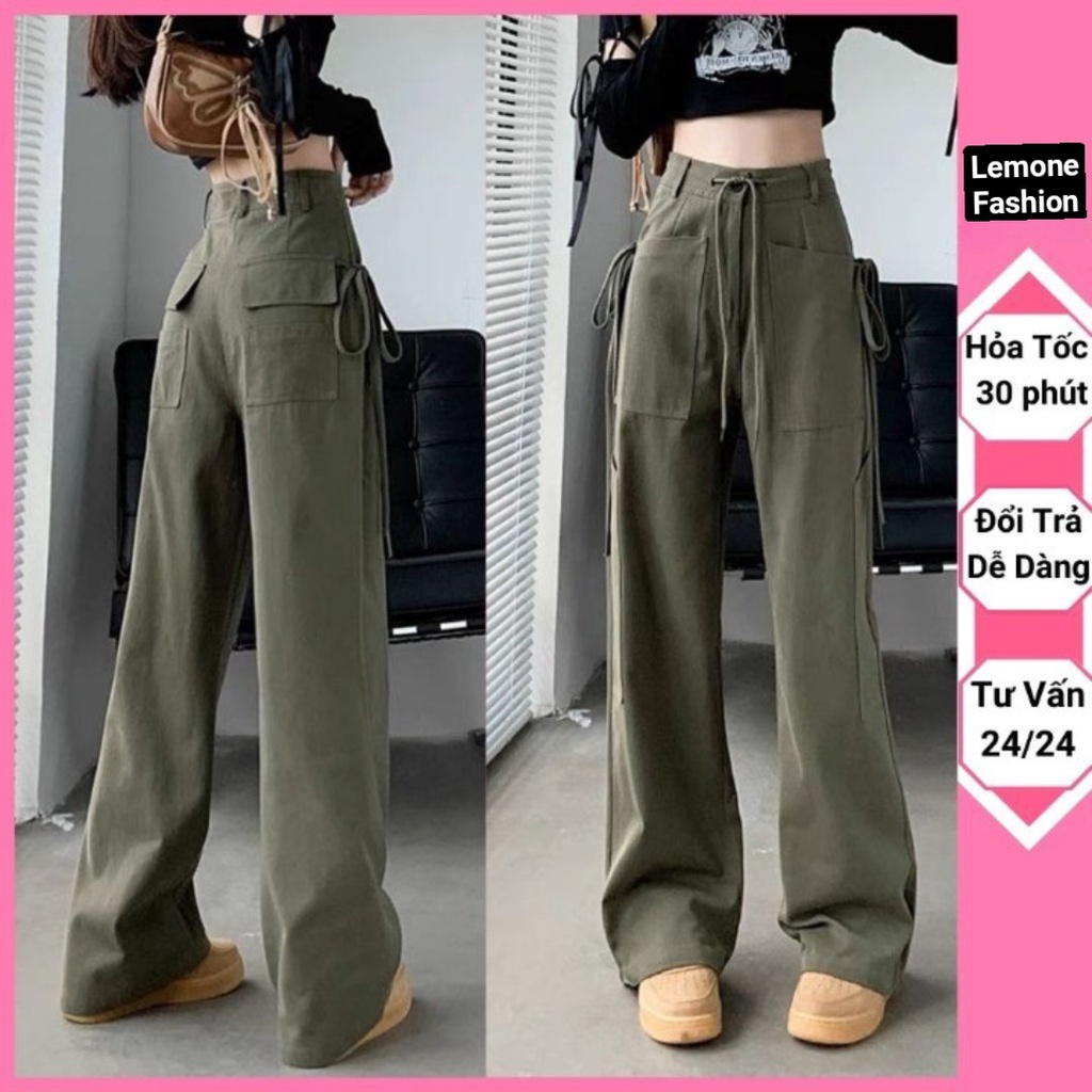 Quần Dài Kaki Ống Rộng, Quần Ống Suông Túi Hộp Zia Cạp Cao Nữ Unisex