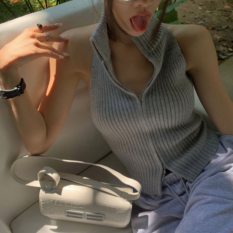 Áo Dệt Kim Không Tay Cổ Cao Ôm Dáng Có Khóa Kéo Và Gối Hàng Mới Dành Cho Bạn Nữ