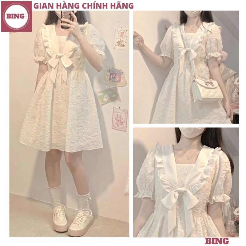 Váy gấm xốp cổ bèo nơ thiết kế tay bo dáng xòe cực xinh, Đầm tiểu thư gấm hoa nổi điệu đà phong cách Hàn quốc - BING
