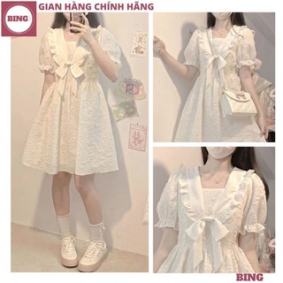 Váy gấm xốp cổ bèo nơ thiết kế tay bo dáng xòe cực xinh, Đầm tiểu thư gấm hoa nổi điệu đà phong cách Hàn quốc - BING