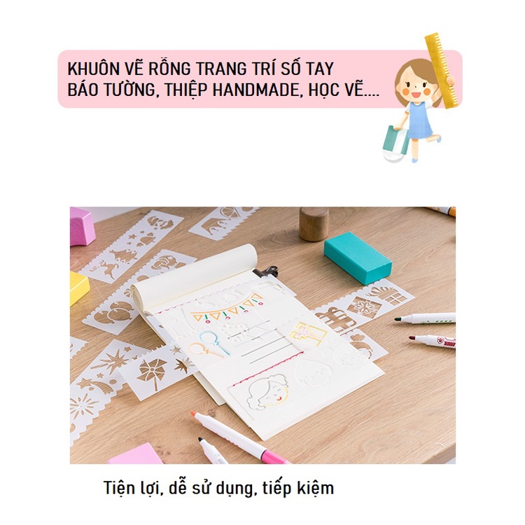 Set 8 Thước Vẽ Hình Trang Trí , khuôn rỗng tập vẽ, thước rỗng vẽ trang trí