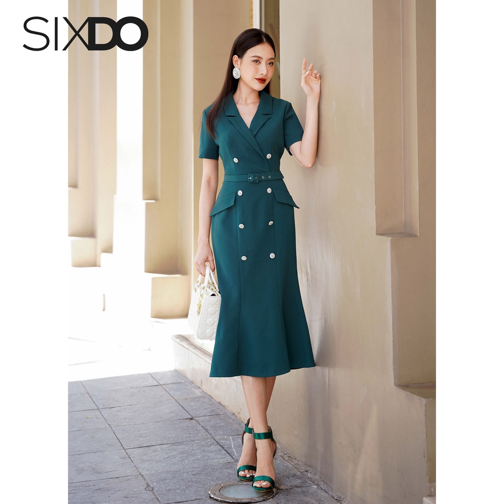 Đầm ôm đuôi cá phối cúc SIXDO (Dark Green Midi Coat Dress)