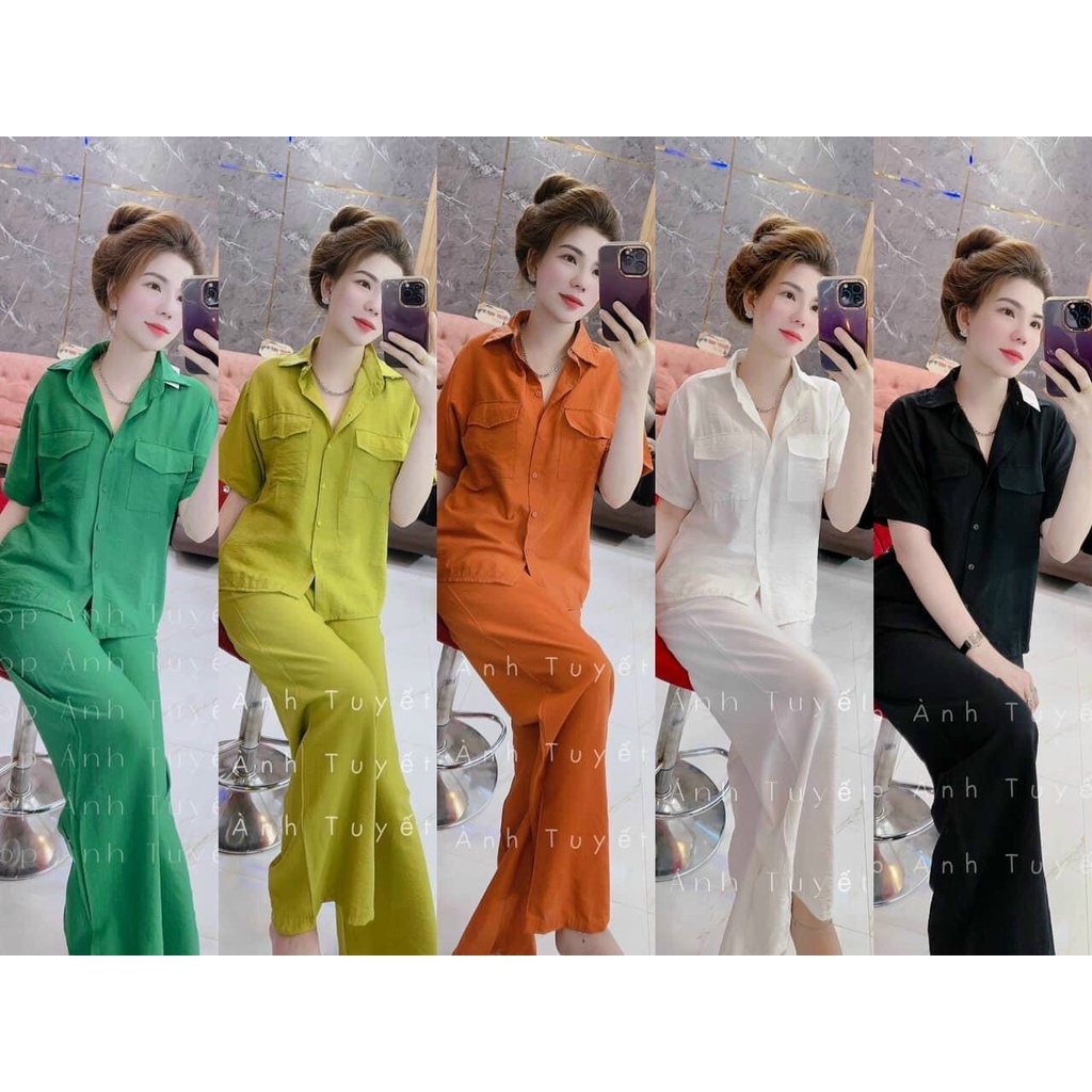 Set sơ mi đũi xốp tay lỡ quần ống suông hack dáng che bụng, Set bộ đồ nữ đũi sơ mi tay ngắn mix quần ống rộng cùng tone