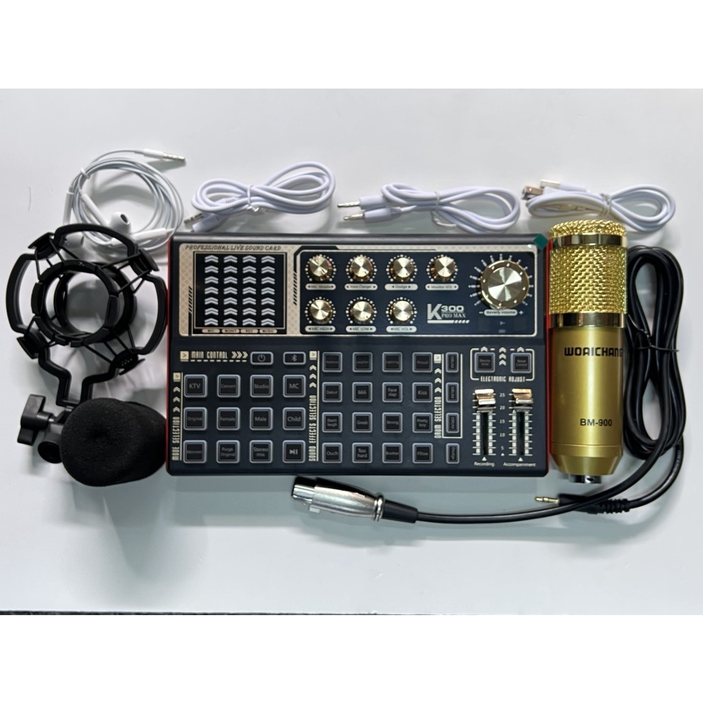 Bộ Combo Mic Thu Âm Hát Livestream Soundcard K300 PRO MAX & Mic BM900 tặng kèm tai nghe