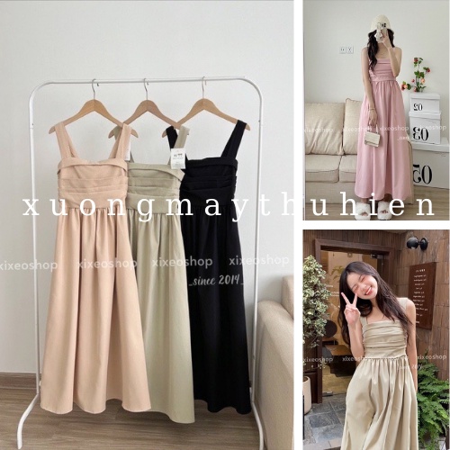 Váy maxi hai dây xếp ly ngực gồm 4 màu sắc trẻ trung năng động, đầm 2 dây bản to dáng dài style Hàn Quốc xuongmaythuhien