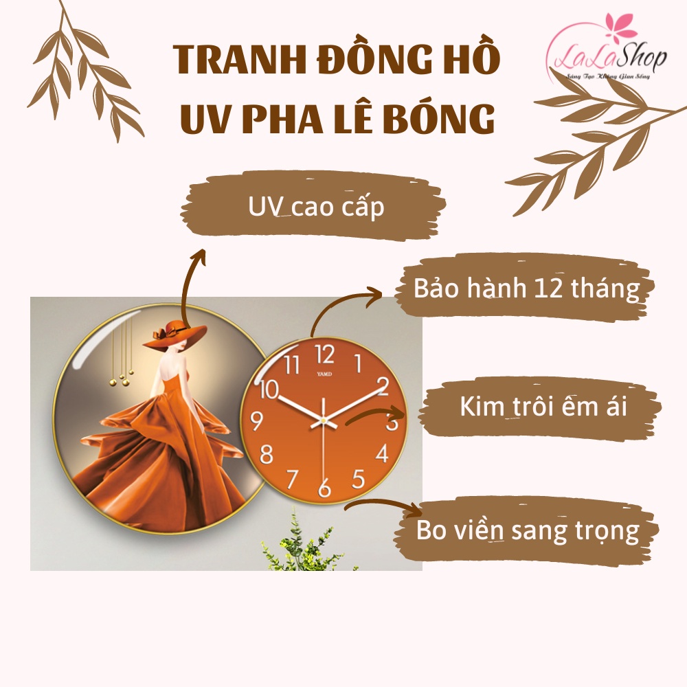 Tranh đồng hồ tráng gương treo tường UV pha lê bóng hiện đại kim trôi êm ái giá rẻ siêu đẹp Lala tặng kèm pin và đinh