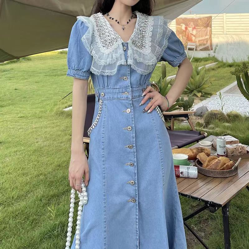 Hàng Có Sẵn Đầm Denim Mỏng Nhẹ Cổ Búp Bê Phong Cách Pháp Retro Mùa Hè Cho Nữ
