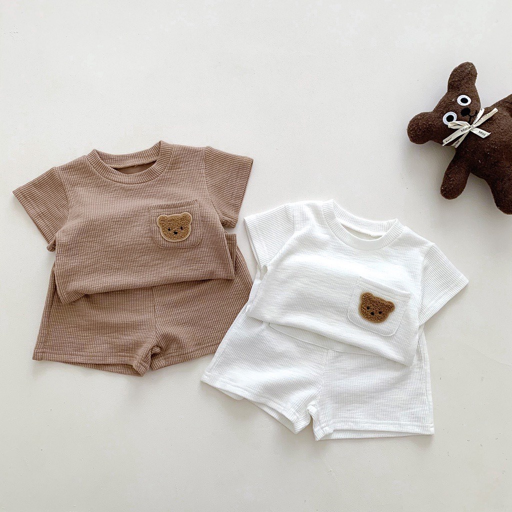 Bộ cộc tay cotton tăm lạnh thêu hình gấu dễ thương cho bé trai bé gái B02
