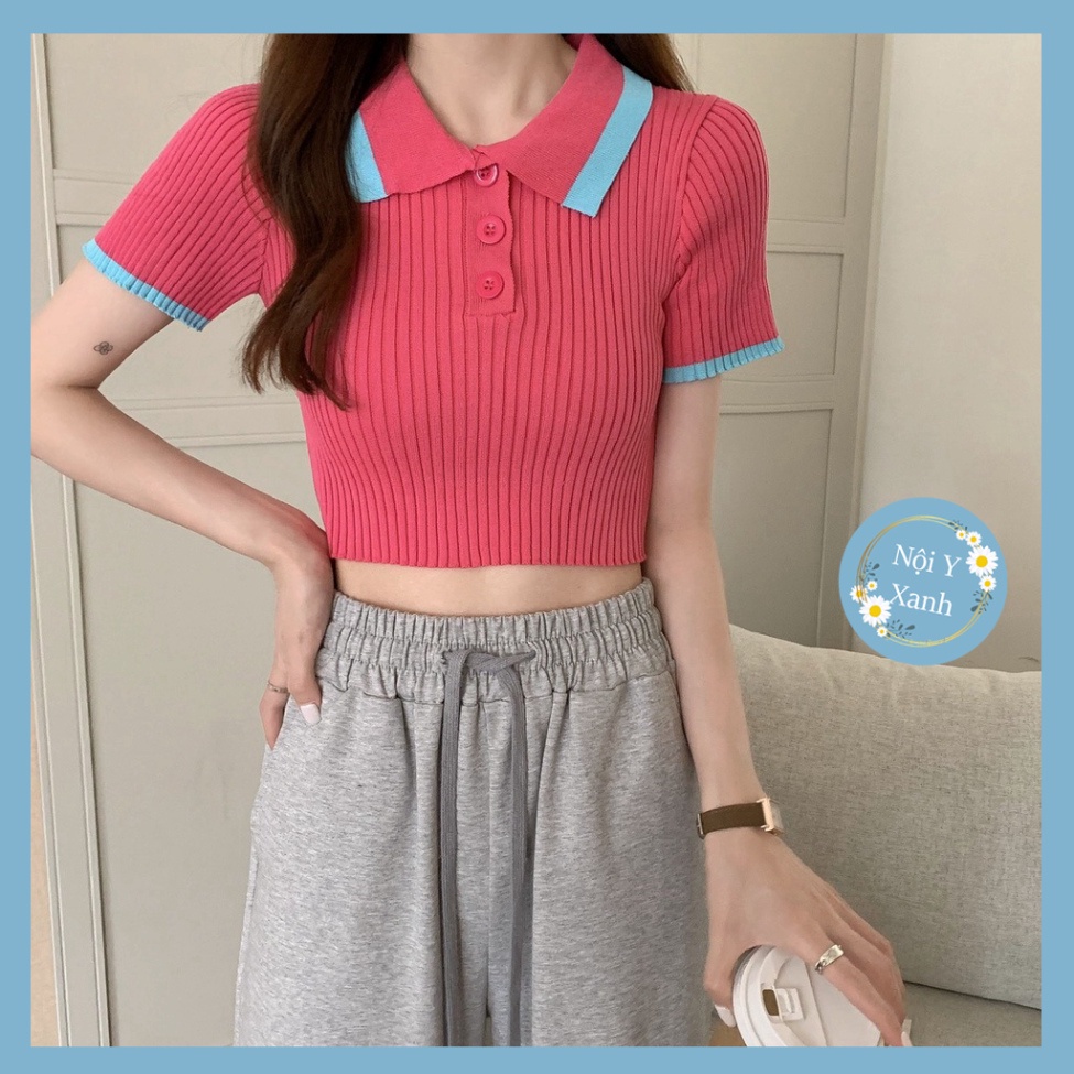 áo thun phông gân len nữ mongtoghi ngắn tay croptop cổ phối viền cá tính Nội Y Xanh