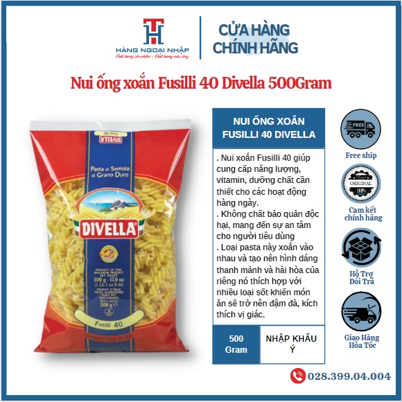 Nui Xoắn Fusilli 40 Divella 500Gr Nhập Khẩu Ý
