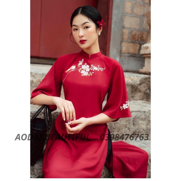 Áo dài cách tần xuông thêu chim hoa ,áo dài "NỮ NHI" tay lỡ màu đỏ tươi xinh xỉu luôn -THAO.AODAI