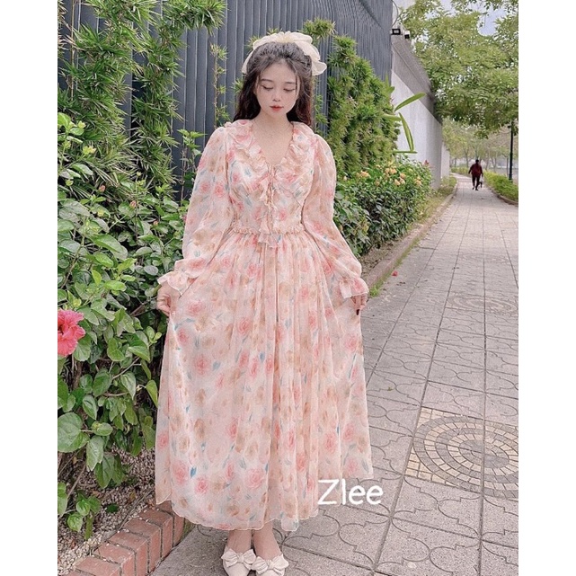 Váy maxi tơ hoa cổ bèo (Ảnh thật)