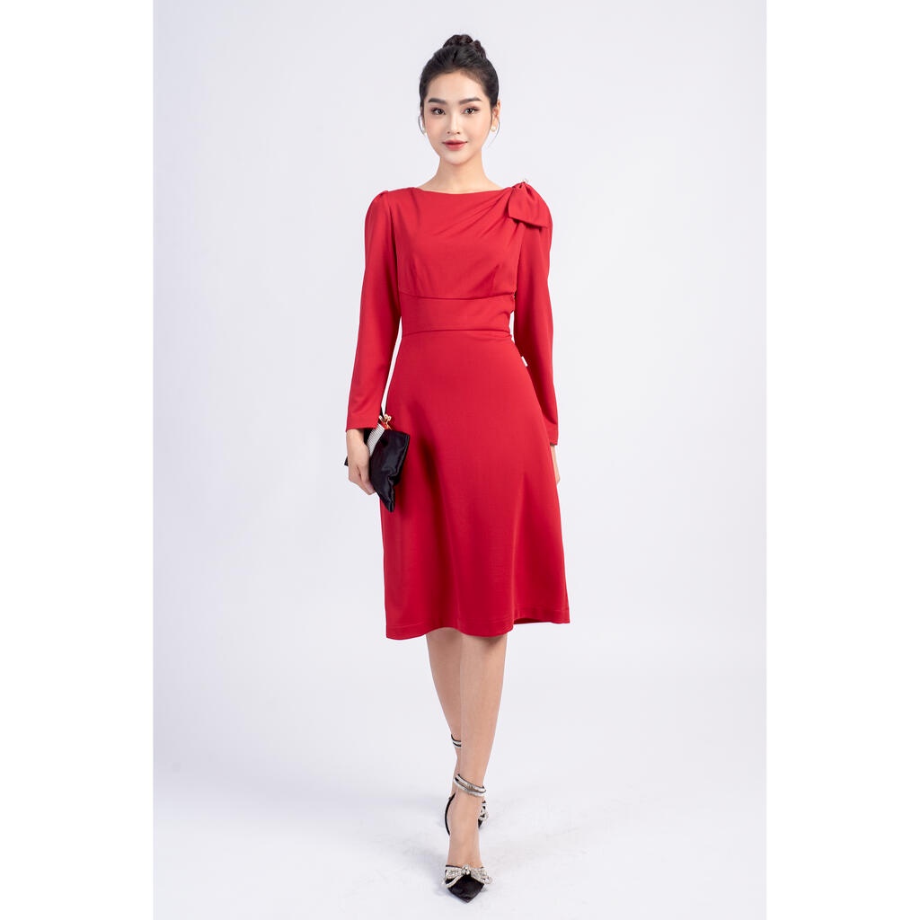 Đầm dáng A, dài tay đính nơ TT MMOutfit DA0722523