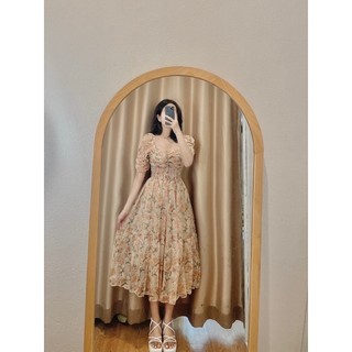 Váy hoa chun eo maxi tay bồng dáng dài