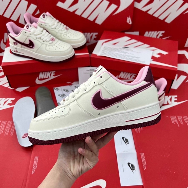 Giày AF1 chery valentine trắng hồng cổ thấp, giày air force one trắng đỏ mận quả chery chuns store full box bảo vệ