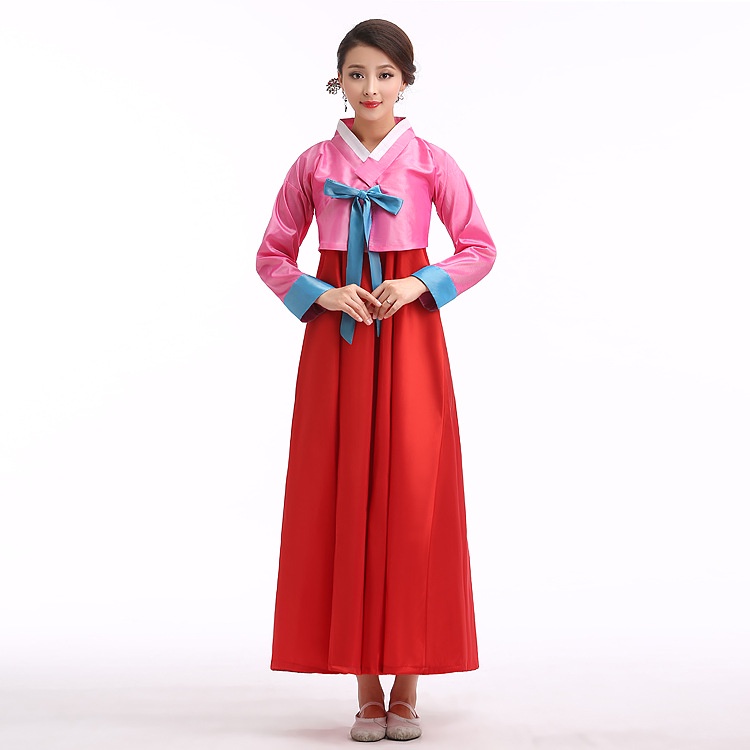 Hanbok Hàn Quốc Đơn Giản Áo Hồng Váy Đỏ Nơ Xanh