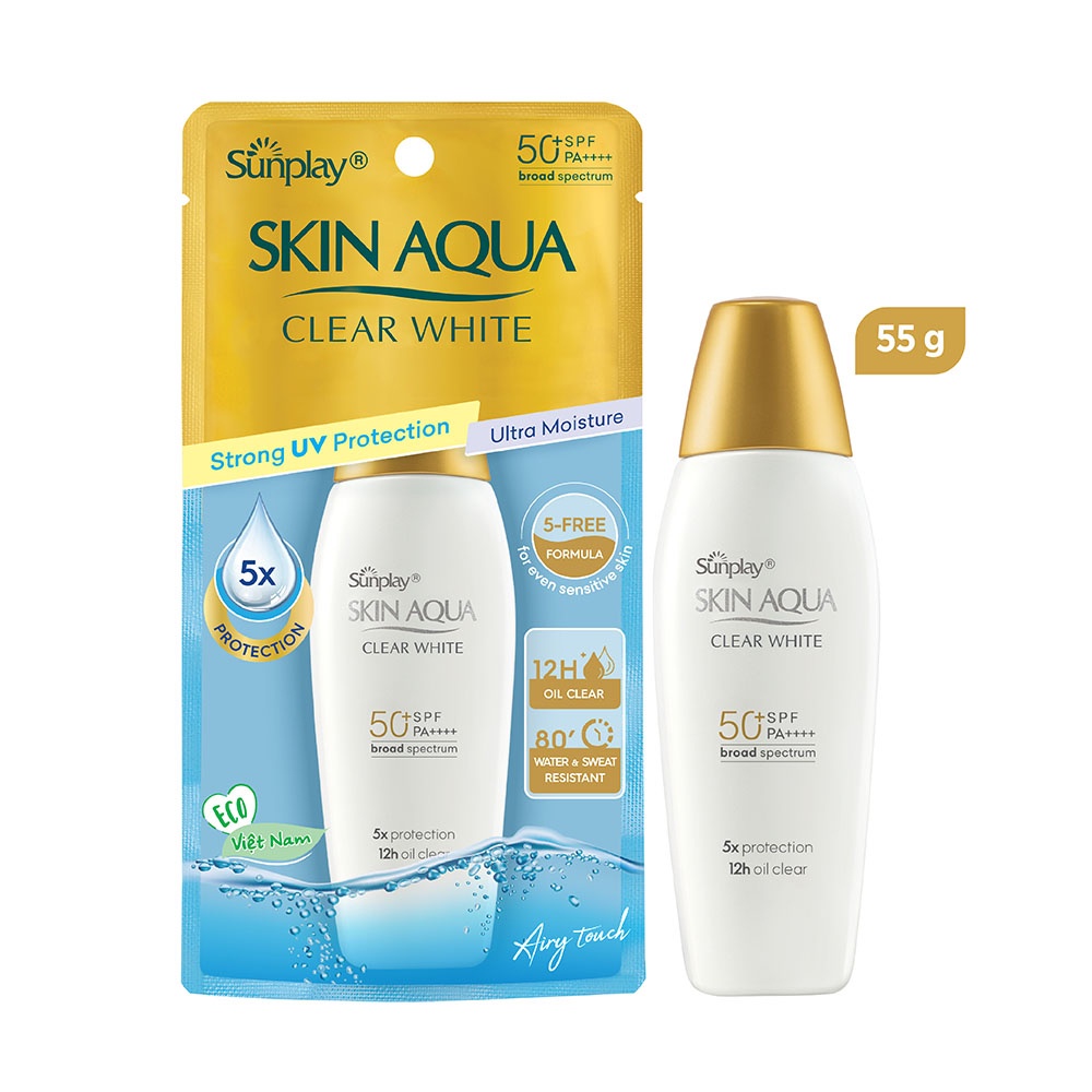 Sunplay Skin Aqua Clear White SPF50+, PA++++: Sữa chống nắng dưỡng da trắng mịn