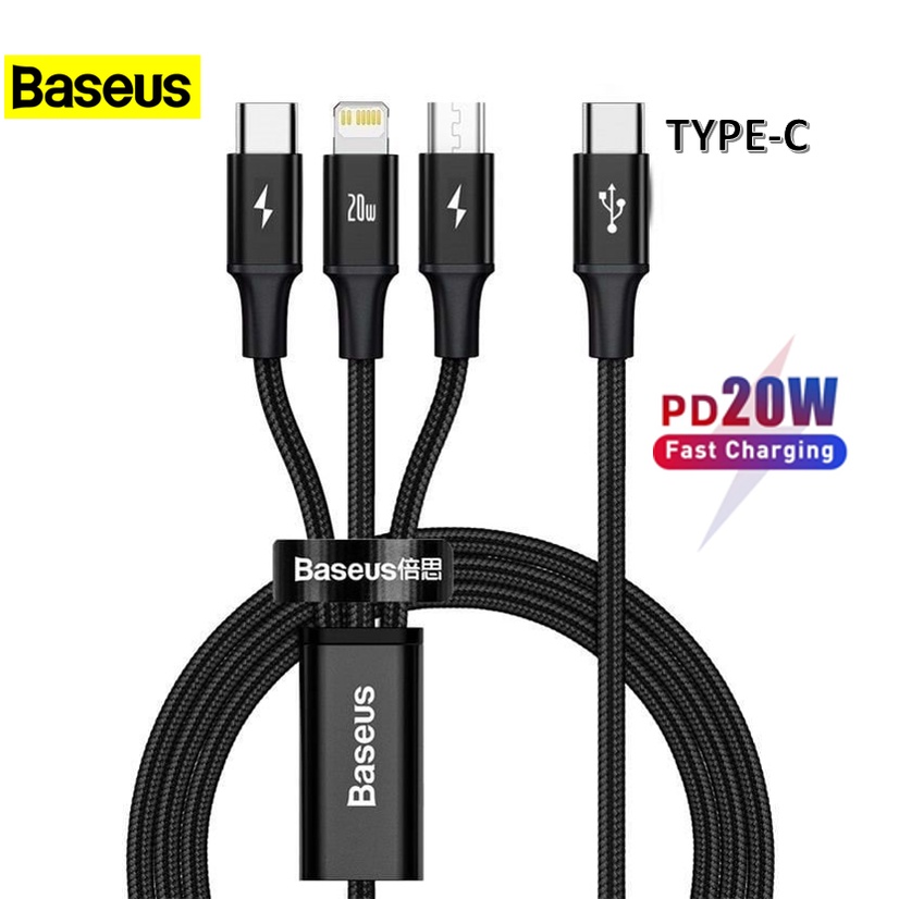 Cáp sạc nhanh 3 đầu 20W Baseus Rapid Series Dây dù Type C to Type C / iP/ Micro USB ) dùng nhiều máy cùng lúc