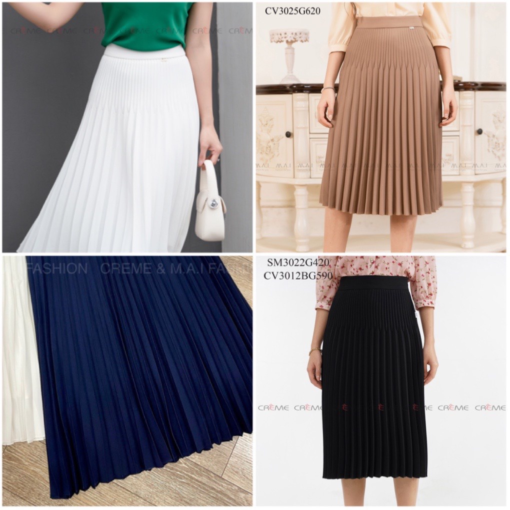 CHÂN VÁY DẬP LY CÔNG SỞ CAO CẤP, DÁNG XÒE PHONG CÁCH HÀN QUỐC, THIẾT KẾ CREME CV3025 MÀU ĐEN, NÂU, XANH THAN, TRẮNG