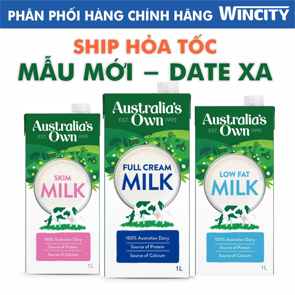 Date 09.2023 - Sữa tươi nguyên kem/ít béo/không béo Australia's own hộp 1L