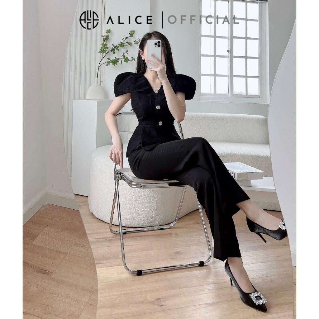 Set Áo Sơ Mi Cổ Chữ V Tay Bồng Dáng Xòe Và Quần Cạp Cao Ống Loe ALICE Phong Cách Sang Trọng Lịch Sự S263