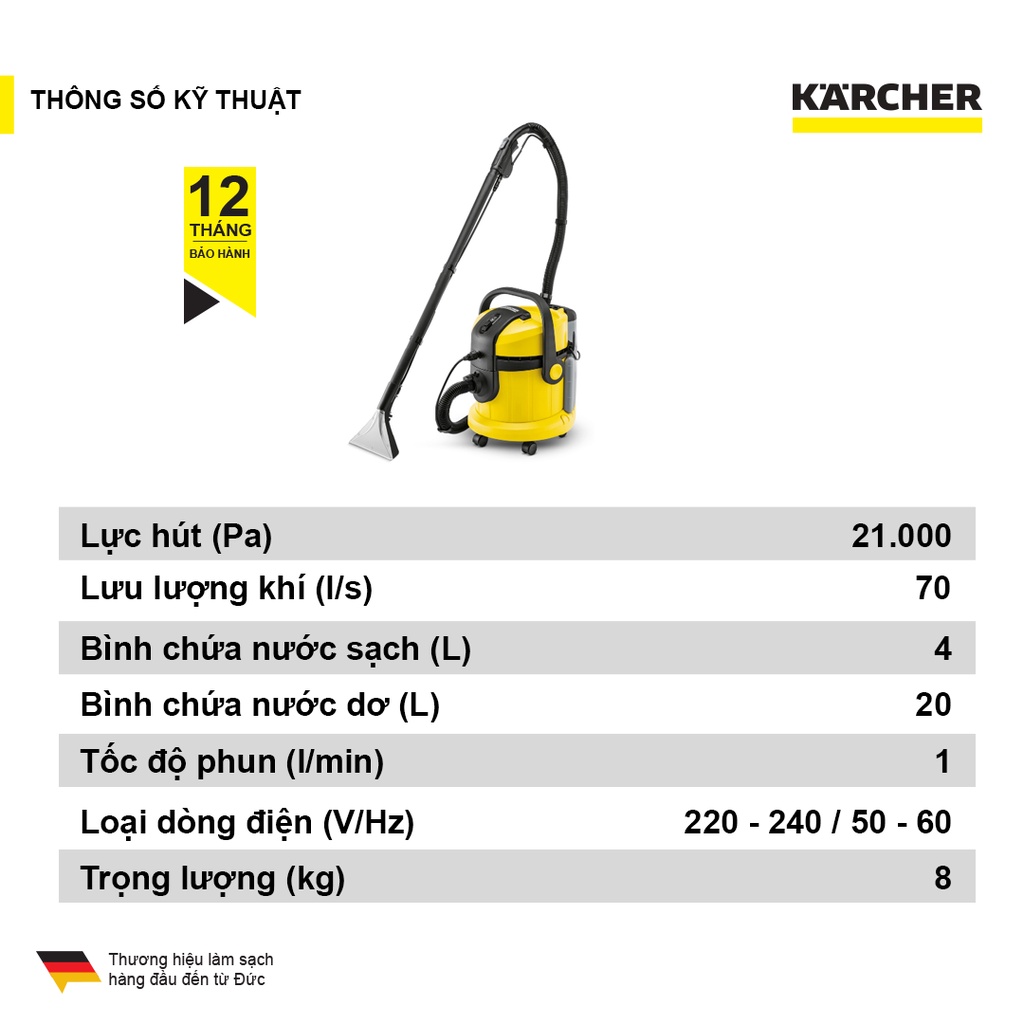 (Sản xuất Romania) Máy làm sạch thảm, ghế sofa, nệm và hút bụi đa năng Karcher SE 4002 công suất trên 1000 watts