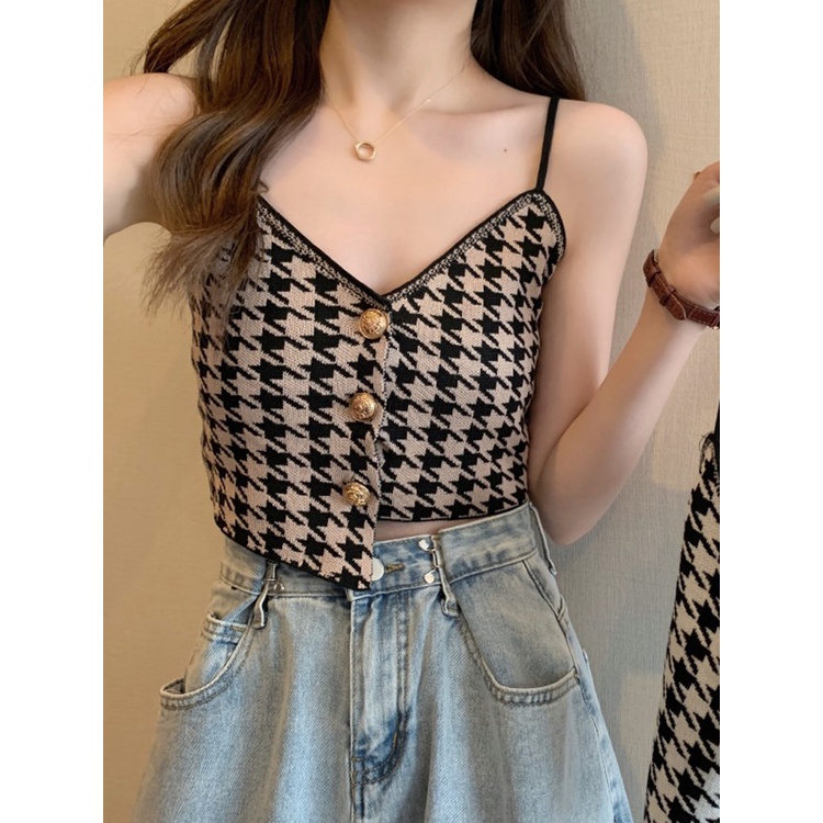 Áo BRa Croptop 2 Dây Cổ Chữ V  Hoạ Tiết Karo Thiết kế Lệch Tà  Quyến Rũ 0095