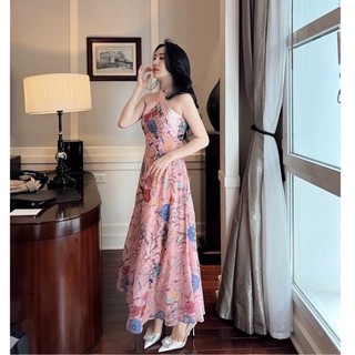 ĐẦM MAXI HOA HỒNG CỔ YẾM