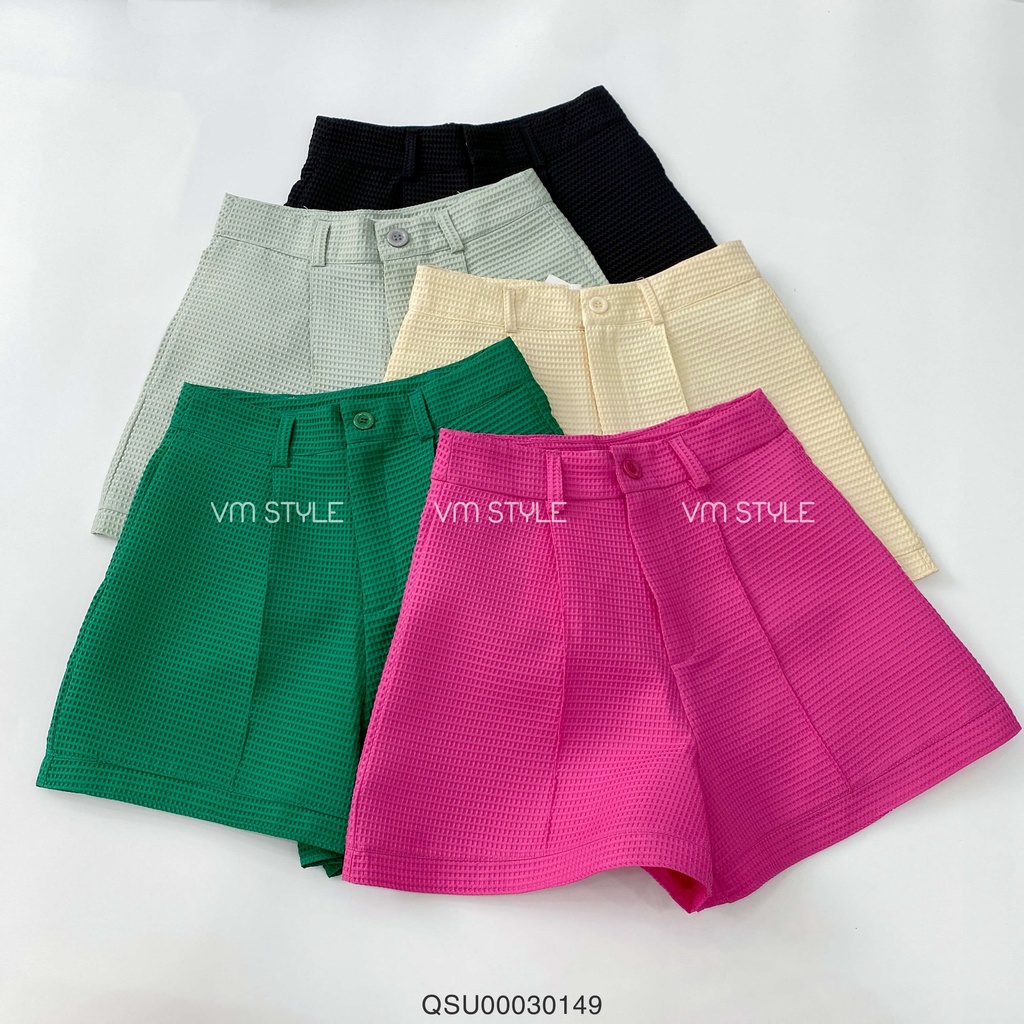 Quần short nữ VMSTYLE ống rộng gấp gấu lưng cao, vải ô vuông nhiều màu - QSU00030