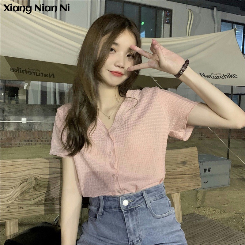 Áo sơ mi XIANG NIAN NI ngắn tay cổ chữ v thời trang mùa xuân hè phong cách Pháp cho nữ