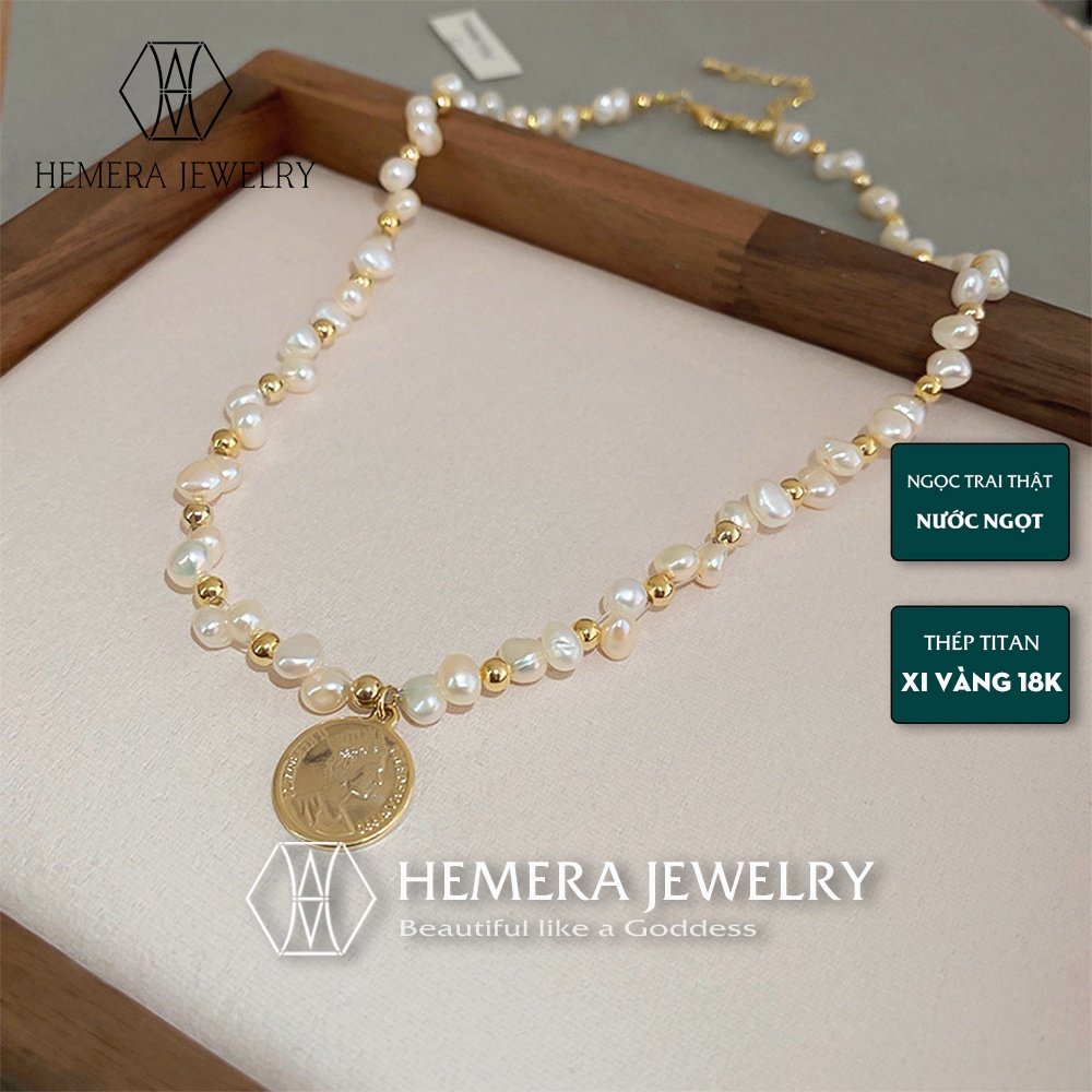 Vòng cổ Hemera hạt trai nuôi nước ngọt mặt đồng xu thép xi vàng không đen gỉ HMR25