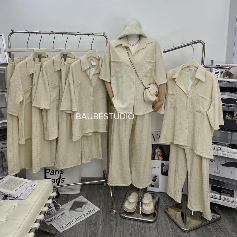 Set Bộ Xốp Nhăn Mềm Quần Ống Suông Tông Màu Tối Giản Mã CH1